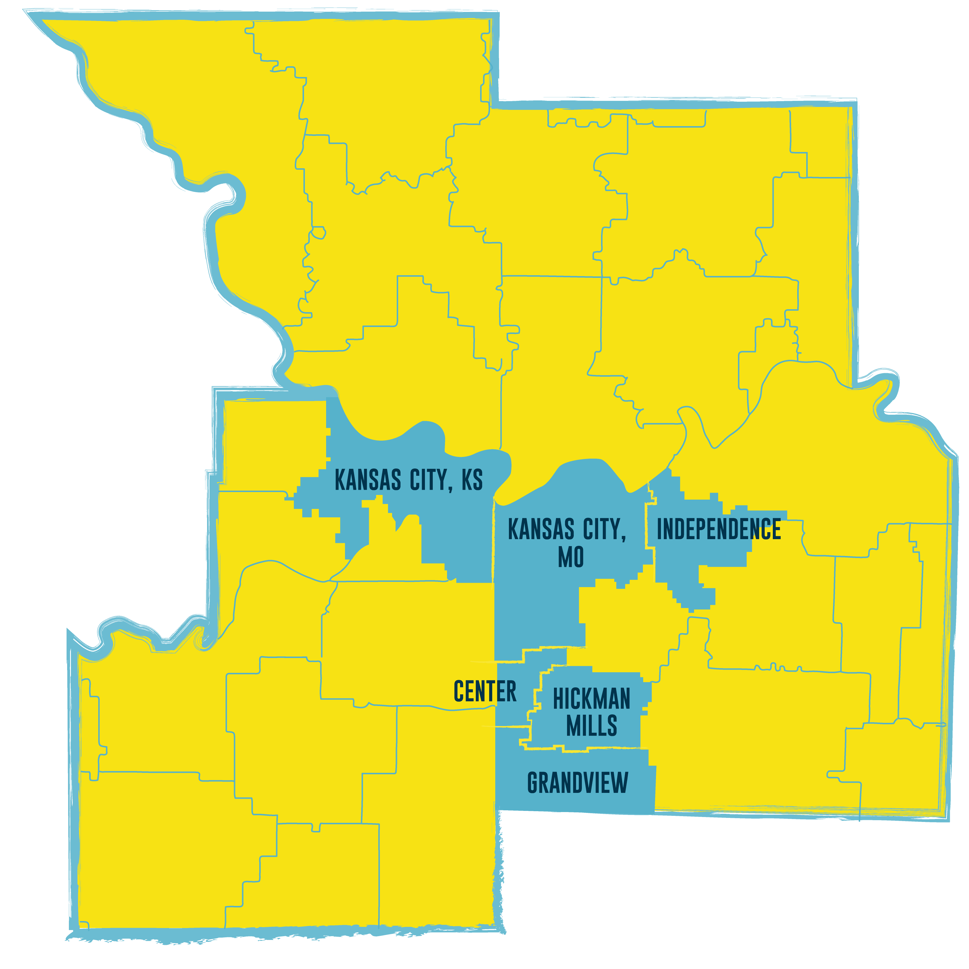 PREP-KC district map showing partner districts across Kansas City